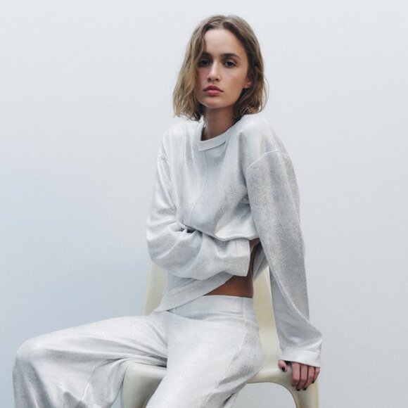 BNWT ZARA SOFT METALLIC SWEATSHIRT OVERSIZED ROUND NECK LONG SLEEVE SILVER SMALL - Picture 7 of 10
